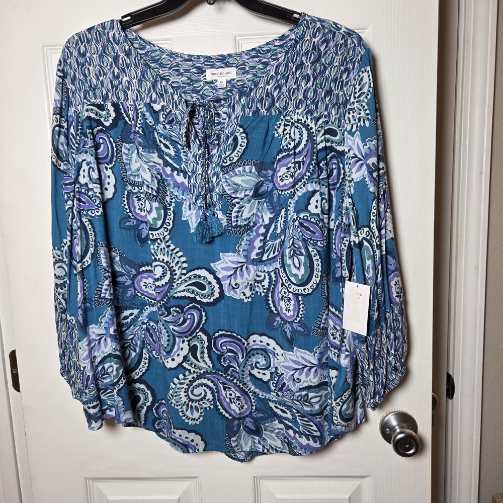 Westbound Woman sz 2X paisley tunic rayon top NWT tassels boho feminine peasant